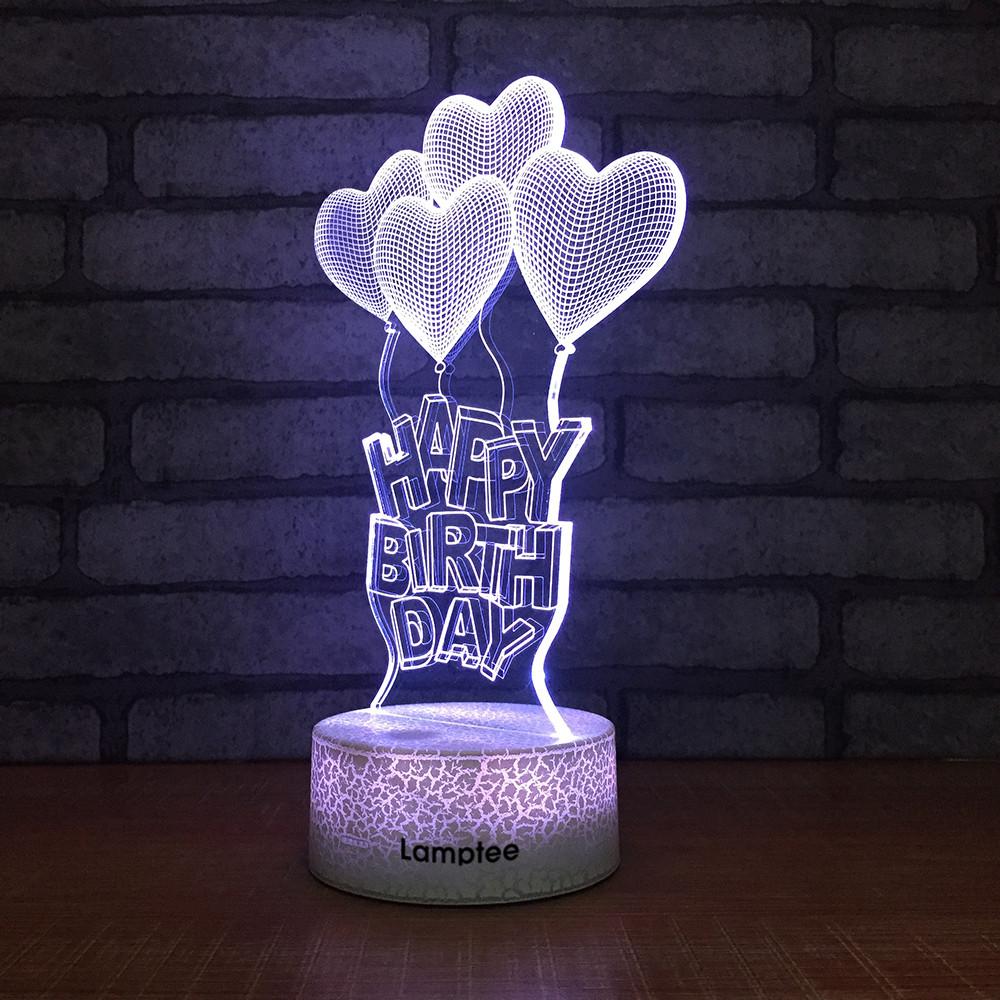 Crack Lighting Base Festival Creative Love Heart Balloon Happy Birthday 3D Illusion Lamp Night Light 3DL048
