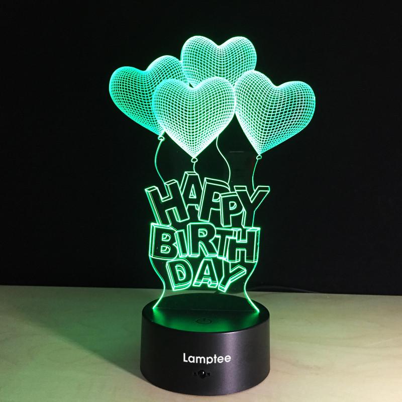Festival Creative Love Heart Balloon Happy Birthday 3D Illusion Lamp Night Light 3DL048