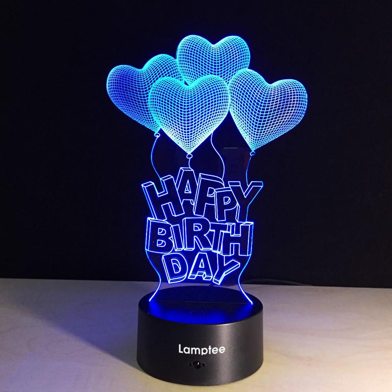 Festival Creative Love Heart Balloon Happy Birthday 3D Illusion Lamp Night Light 3DL048