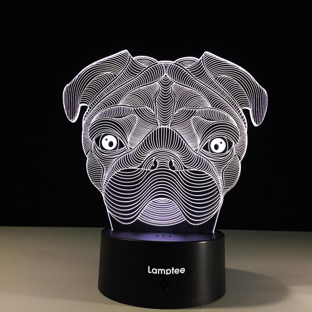 Animal Pug Head Shaped 3D Illusion Night Light Lamp 3DL496