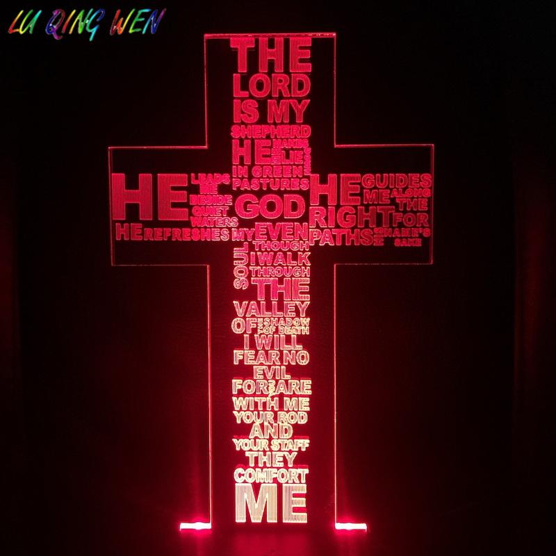 Crucifix Cross Psalm 23 The Lord Is My Shepherd 3D Illusion Lamp Night Light