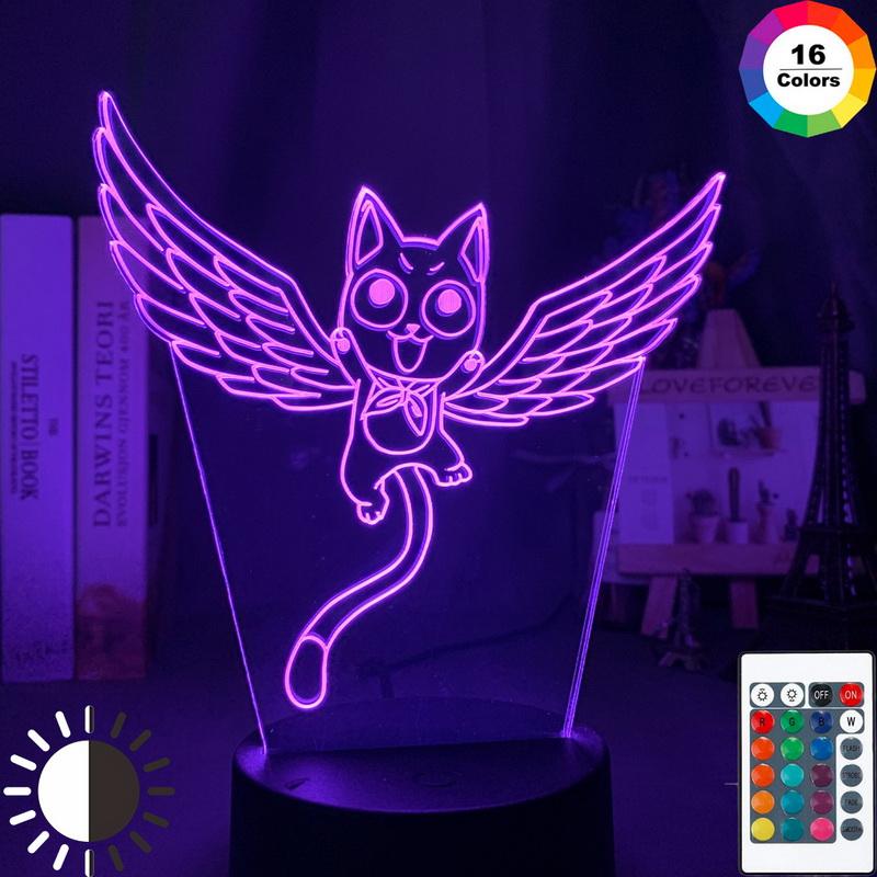Kids Fairy Tail Cat Happy Fly Figure 3D Illusion Lamp Night Light