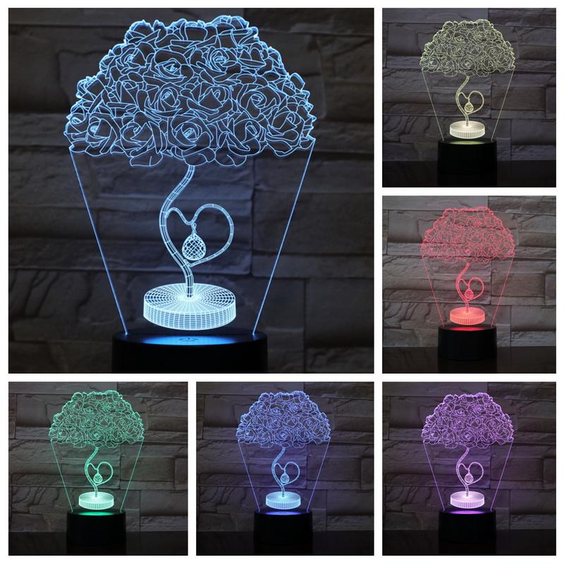 Love Heart Rose Tree 3D Illusion Lamp Night Light