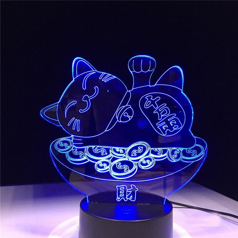 Lucky Cat Maneki Neko Figure 3D Illusion Lamp Night Light