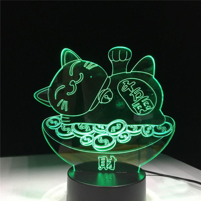Lucky Cat Maneki Neko Figure 3D Illusion Lamp Night Light