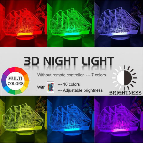 Image of Sailing Ship Kids 3D Illusion Lamp Night Light